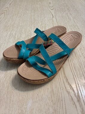 Women’s Crocs A-Leigh Wedge Leather Cork Sandals (Teal/Tan)